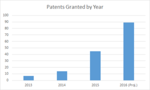 The growth of patents granted by year.